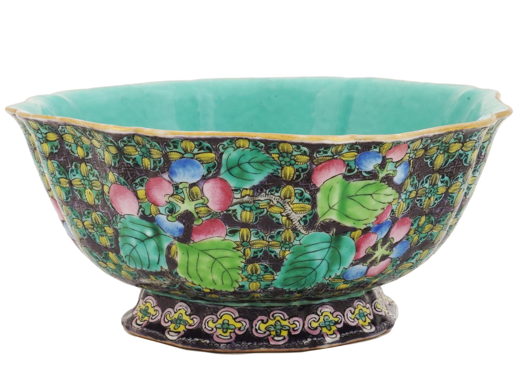 ANTIQUE CHINESE GREEN ENAMELED LOTUS SHAPED BOWL PIC-1